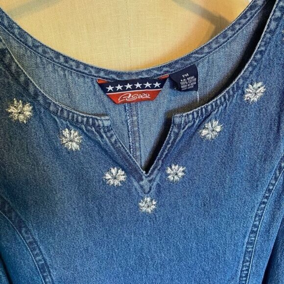 Agapo Denim Embroidered Sleeveless Maxi Dress Size PM Blue with Silver Flowers - Picture 2 of 6